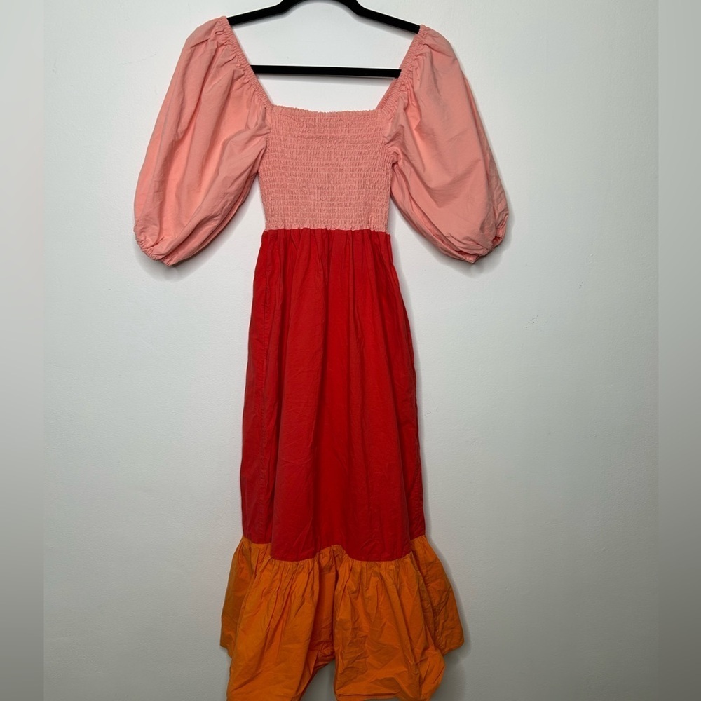 RHODE Eloise Colorblock Smocked Strawberry Multi Midi Dress - Picture 8 of 11